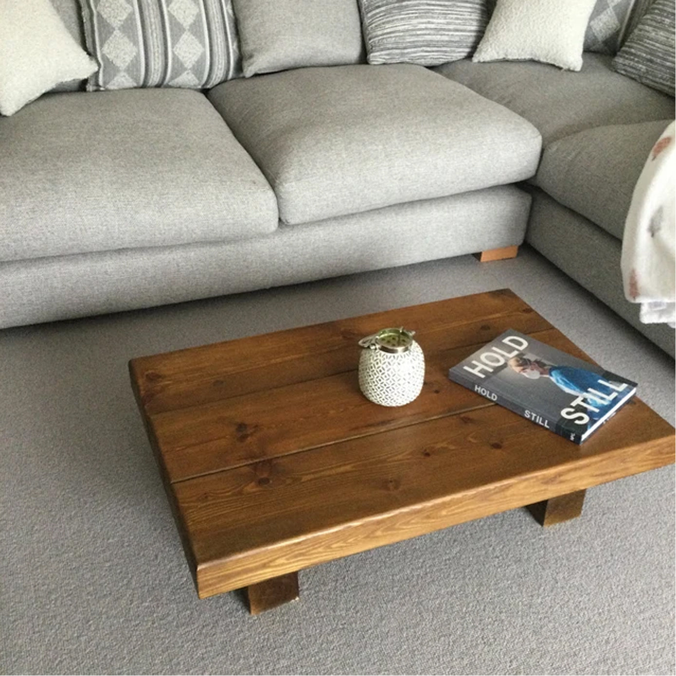 Solid sleeper style coffee table stained to a lovely Oak stain in a choice of coloured, waxed and polished to a high sheen
