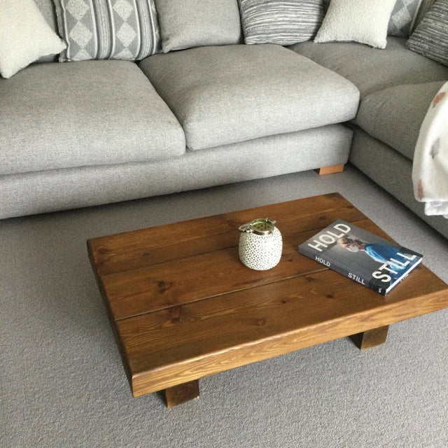 Solid sleeper style coffee table stained to a lovely Oak stain in a choice of coloured, waxed and polished to a high sheen