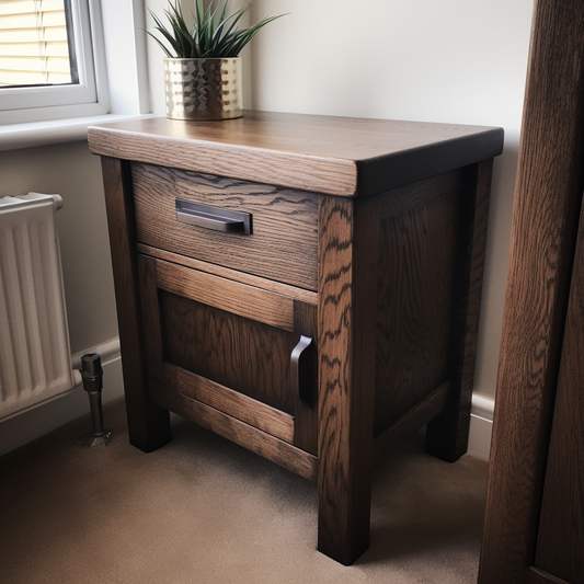 Beautiful solid sleeper style chunky wooden bedside table. Stained to a dark oak finish