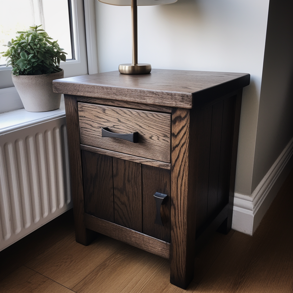 Beautiful solid sleeper style chunky wooden bedside table. Stained to a dark oak finish
