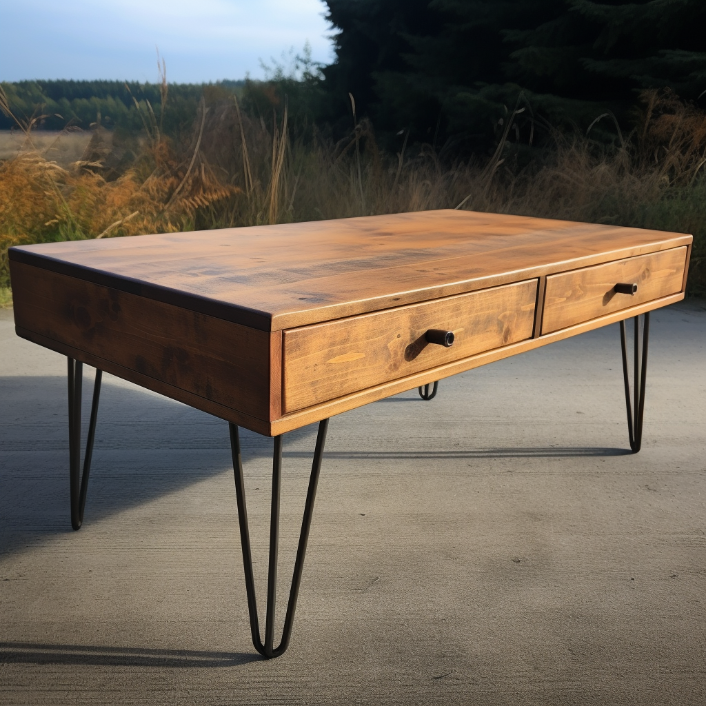 Unique rustic coffee table with Hairpin legs and double drawer, made from distressed pine and stained to a nice oak finish