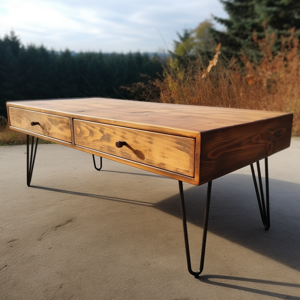Unique rustic coffee table with Hairpin legs and double drawer