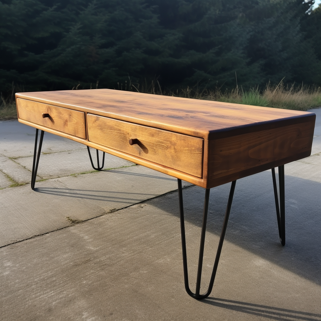 Unique rustic coffee table with Hairpin legs and double drawer, made from distressed pine and stained to a nice oak finish
