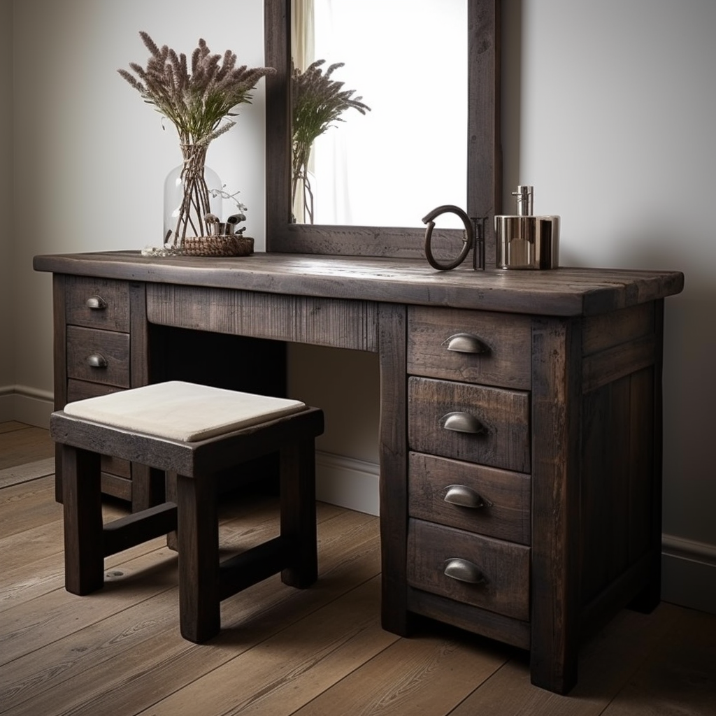 Solid wooden, sleeper style dressing table made from distressed timber stained to a dark oak colour and waxed