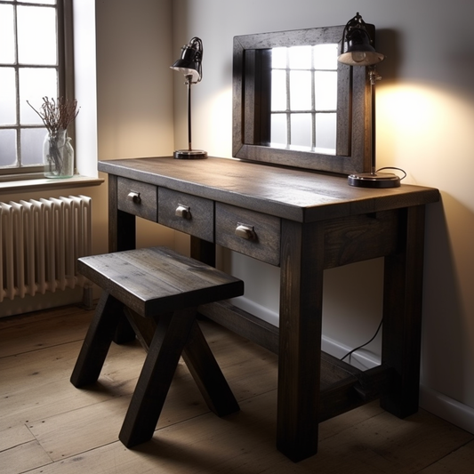 Solid wooden, sleeper style dressing table made from distressed timber stained to a dark oak colour and waxed