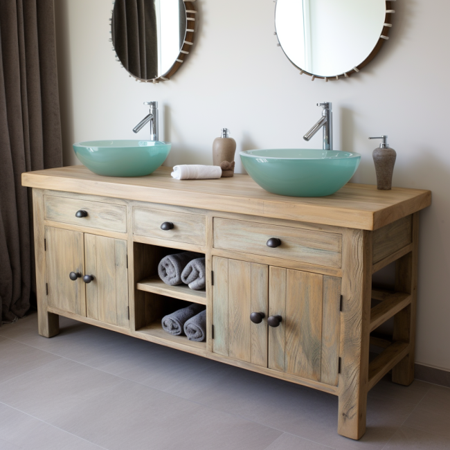Double Bathroom Vanity unit, made from solid Chunky Timber with shelving and drawers