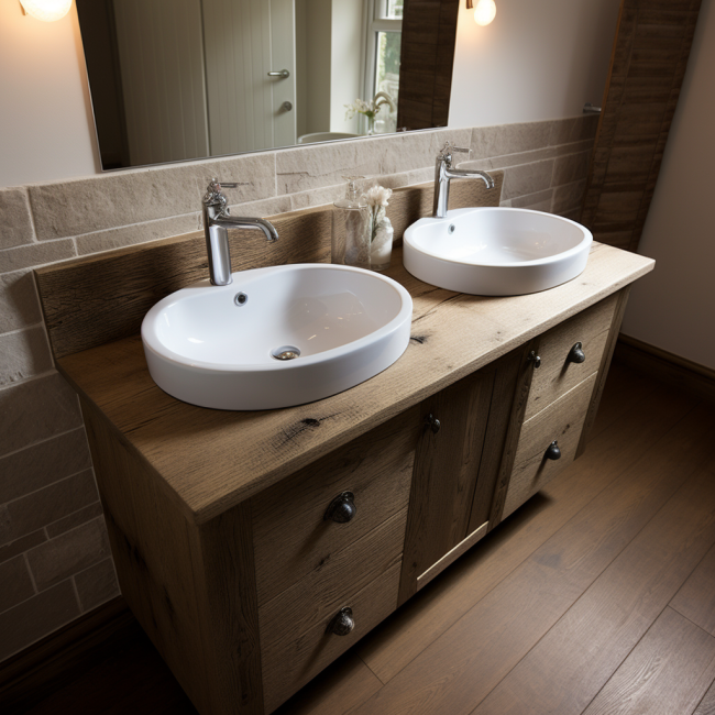 Double Bathroom Vanity unit, made from solid Chunky Timber with shelving and drawers