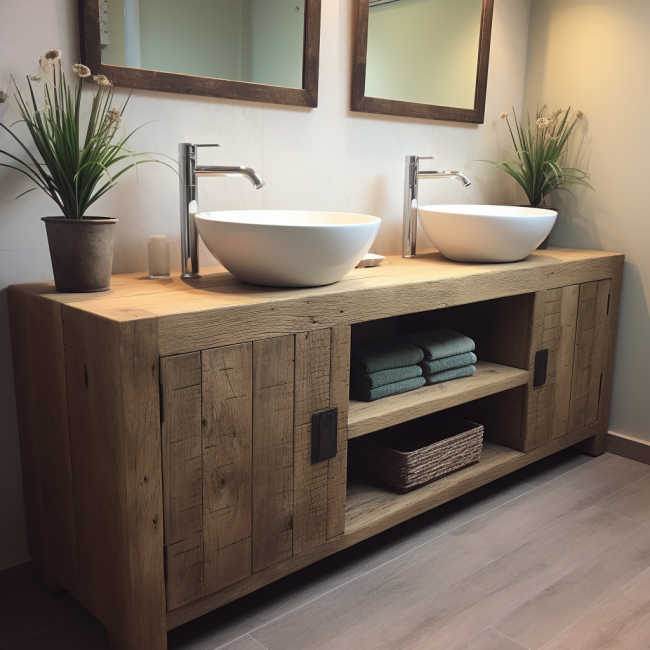 Double Bathroom Vanity unit, Chunky Timber with shelving and drawers
