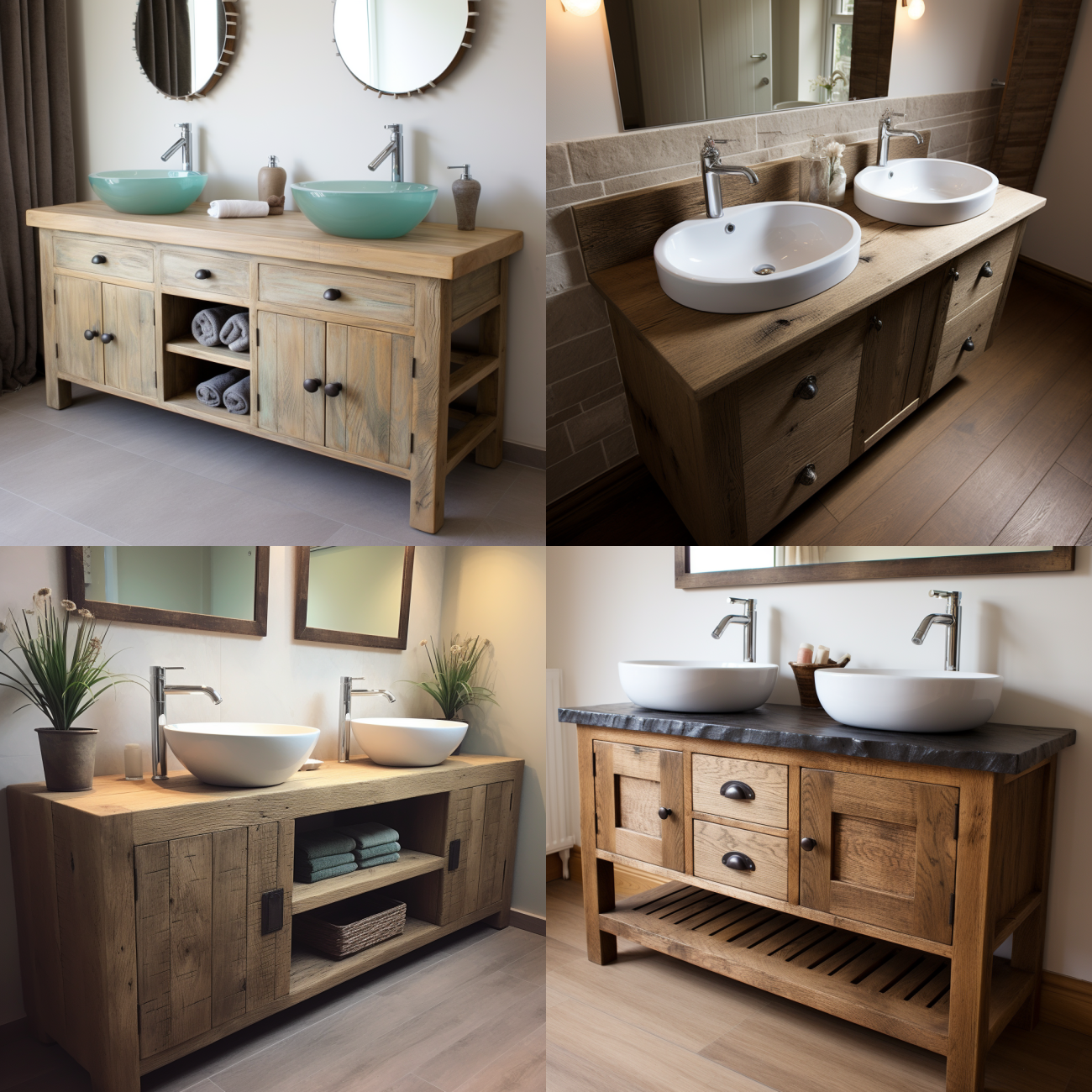 Double Bathroom Vanity unit, Chunky Timber with shelving and drawers