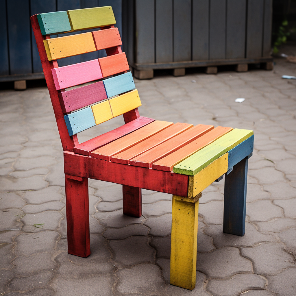 Pallet wooden chairs in various styles, They are made form distressed timber and coloured in pastel colours
