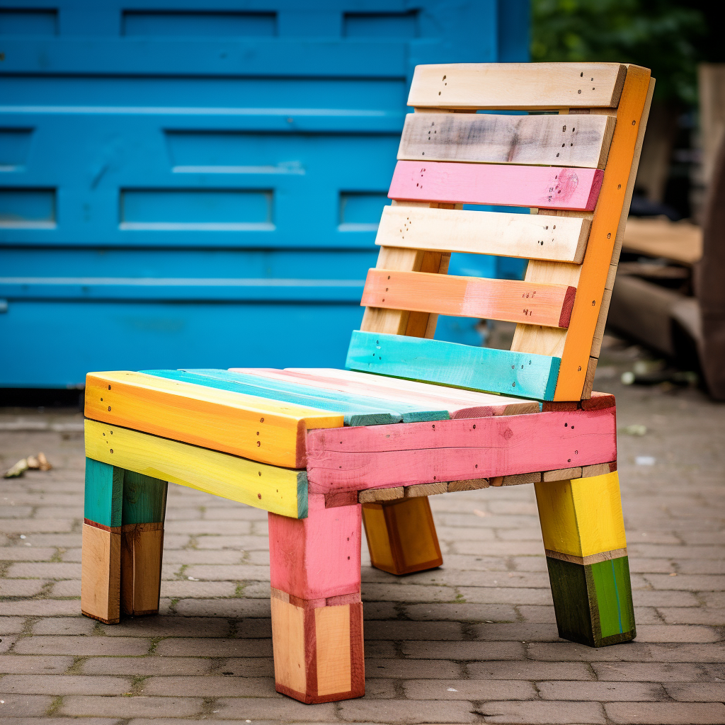 Pallet wooden chairs in various styles, They are made form distressed timber and coloured in pastel colours