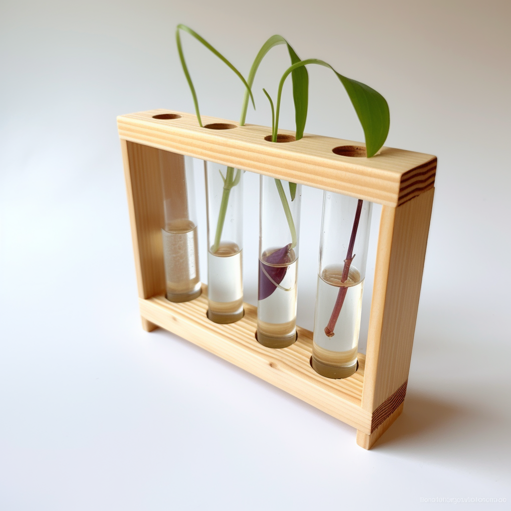 Propagation station in solid wood with test tubes for growing seedlings