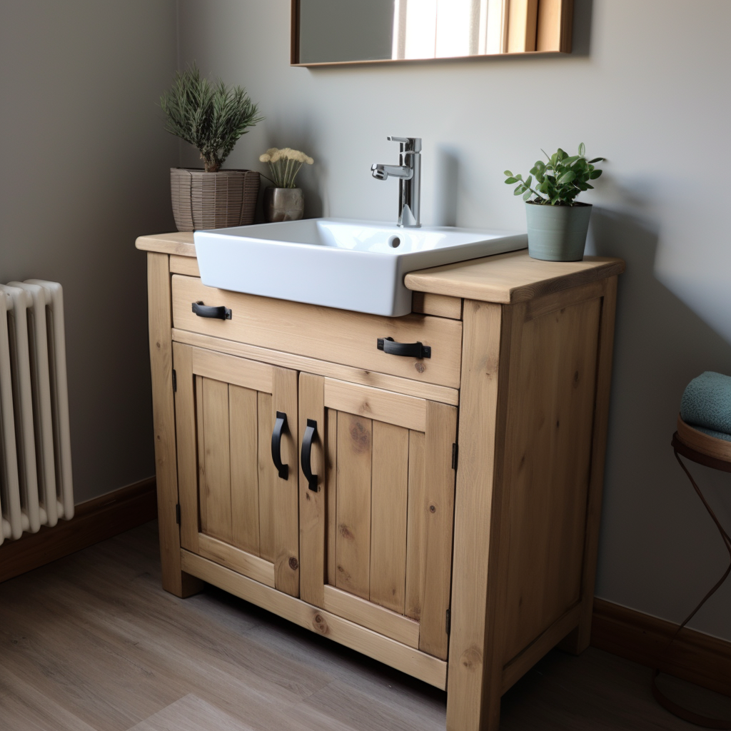 Single Bathroom Vanity unit, made from solid Chunky Timber with shelving and drawers