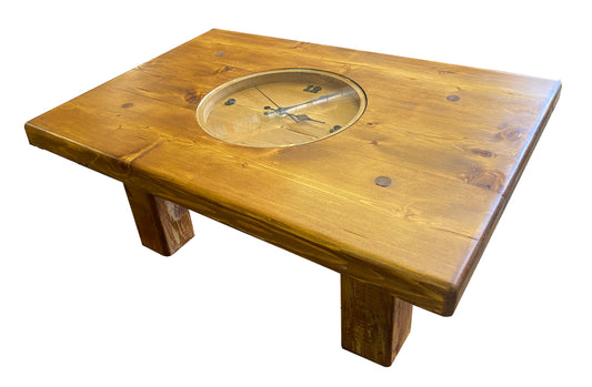 Clock coffee table made from Chunky pine and waxed to a oak effect Chunky Wood Coffee Table - 75cm x 50cm x 30cm