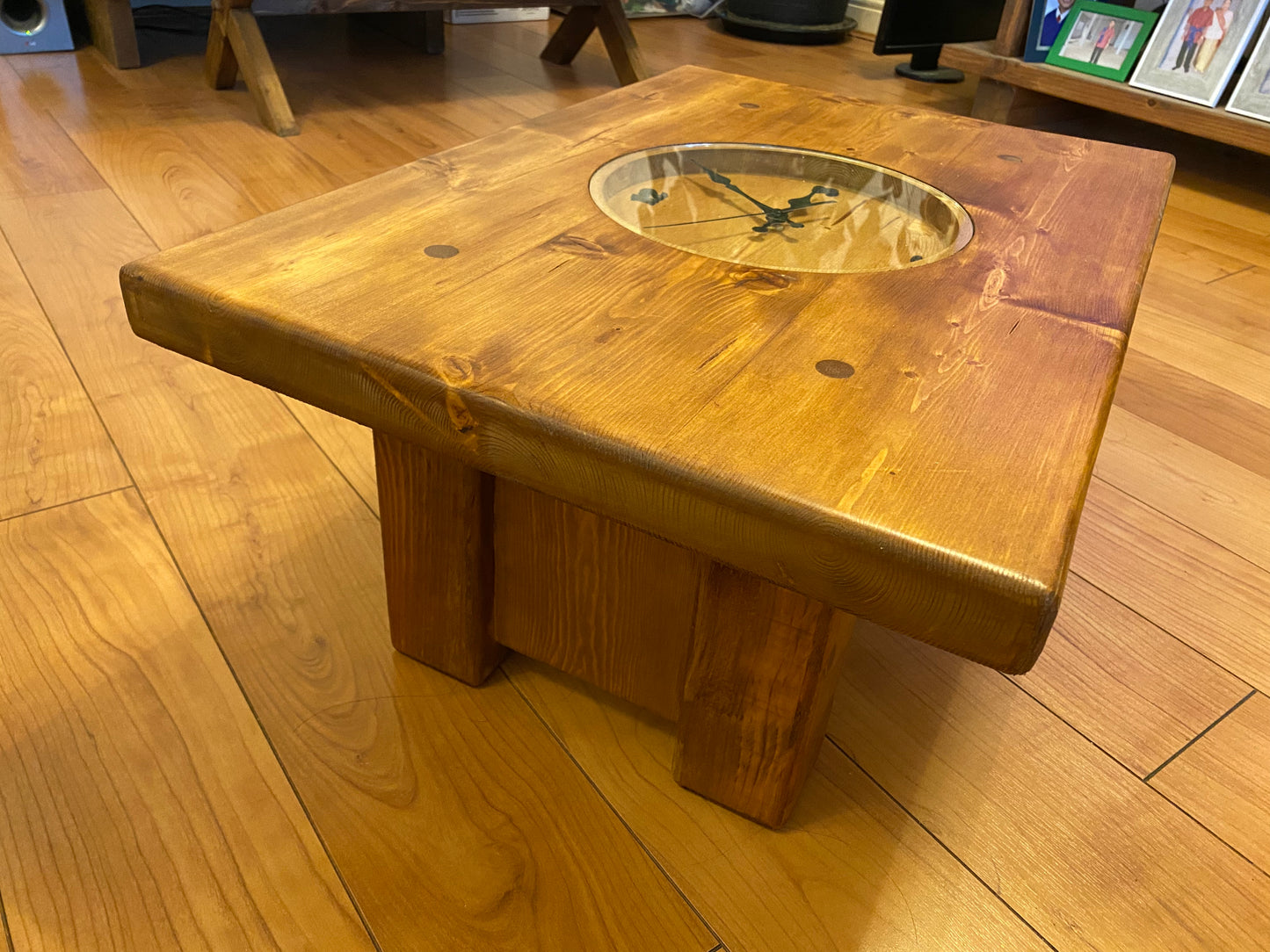 Clock coffee table made from Chunky pine and waxed to a oak effect