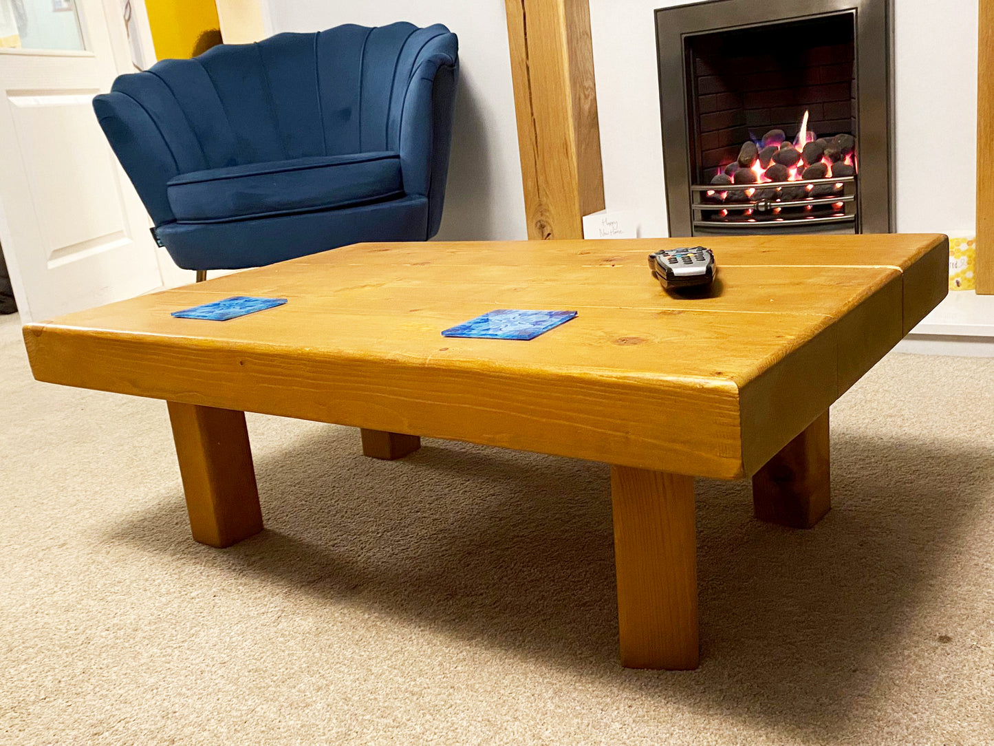 Thick 4 Leg coffee table made from Chunky pine and waxed to a oak effect Chunky Wood Coffee Table - 3 foot x 2 foot
