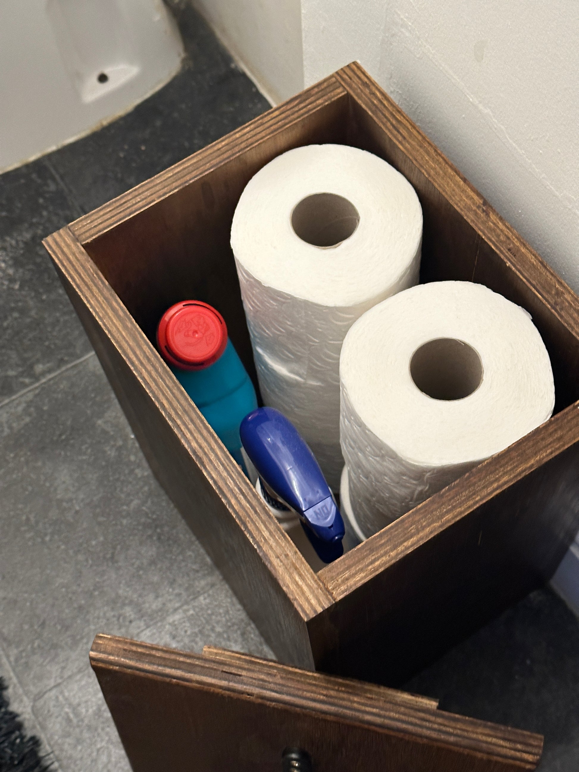 Slim Oak Stained Ply Bathroom Storage Unit, Toilet Roll Paper Holder Cabinet