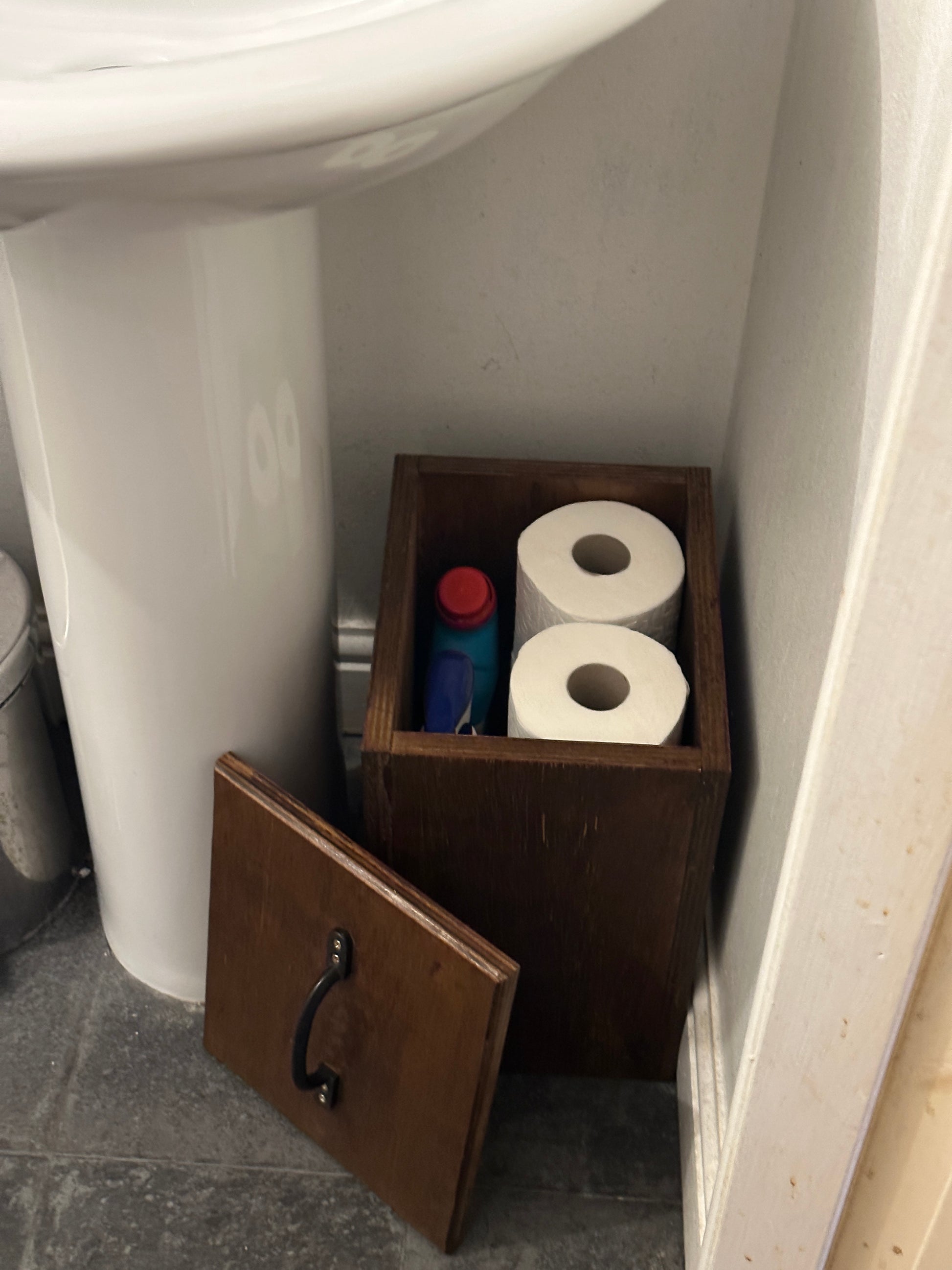 Slim Oak Stained Ply Bathroom Storage Unit, Toilet Roll Paper Holder Cabinet