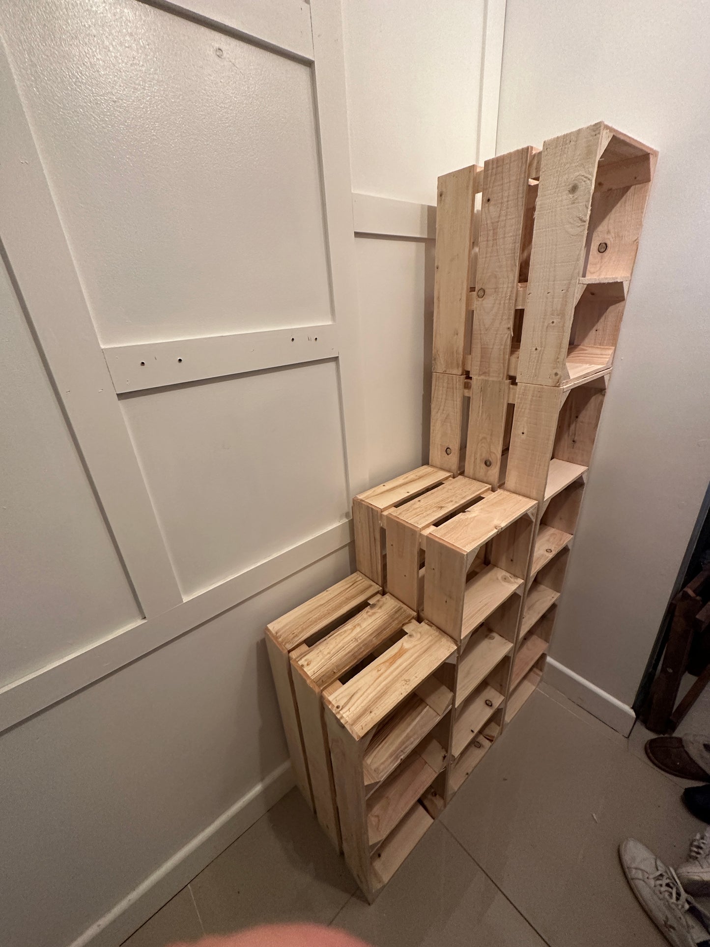 Tall SHOE RACK - Build your own, Various sizes, wooden rustic Orange crate shoe rack, narrow and tall shoe storage - Very deep