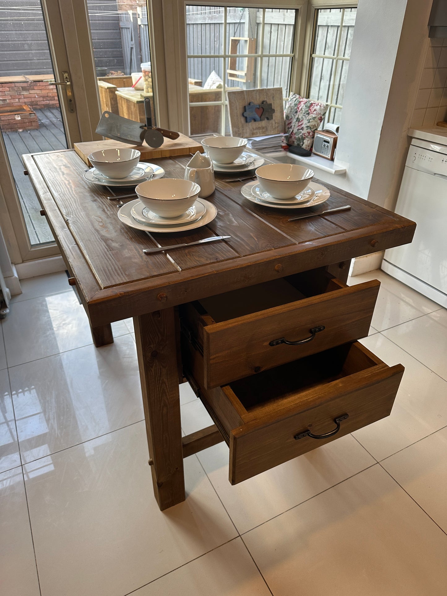 Solid Kitchen Island table. With Optional Built in Butchers Block, Drawers and Wine Rack