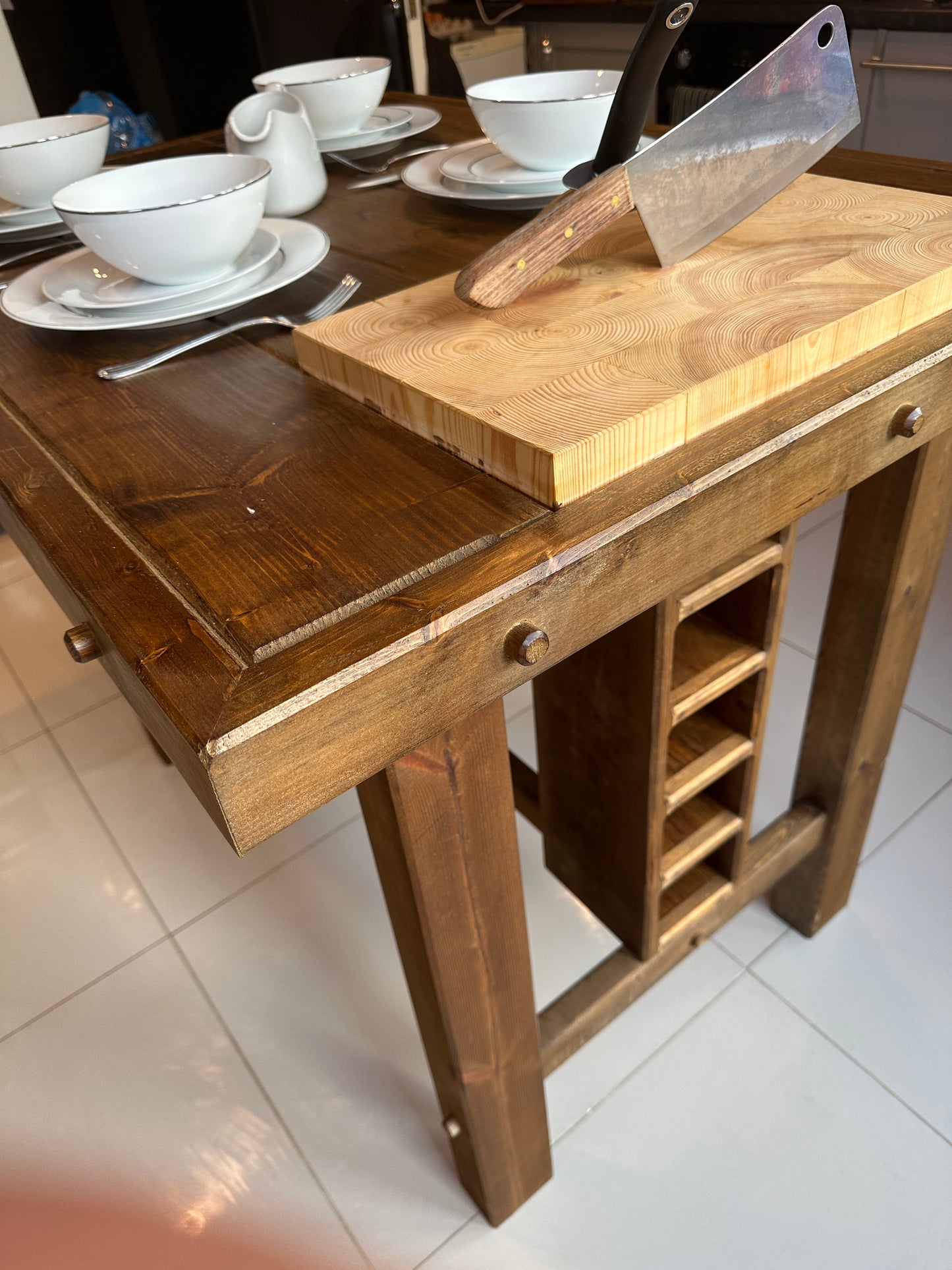 Solid Kitchen Island table. With Optional Built in Butchers Block, Drawers and Wine Rack